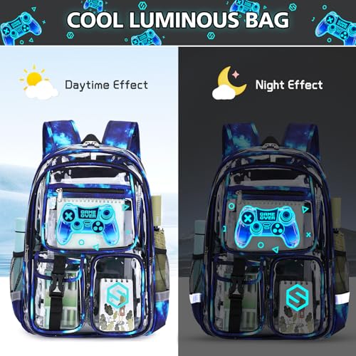 DIGOBAY 3PCS Cool Luminous Clear Backpack for Boys Kids, Gamer Clear Bookbag for School, See Through PVC Transparent Backpacks with Lunch Bag Pencil Case, Backpack Heavy Duty for School Stadium - color: Blue Galaxy