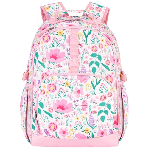 Choco Mocha Kids Backpack for Girls Floral Backpack Kids Elementary School Backpack for Girls Ages 6-8 Kid Bookbag 17 Inch with Chest Strap, Pink - color: Floral Pink