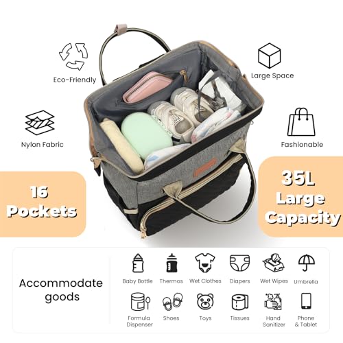 ROSEGIN Diaper Bag Backpack with Changing Pad, Pacifier Case, Baby Bag for Boy Girl Toddler - Large, Stylish, Waterproof Travel Quilted Diaper Bag for Mom - Baby Shower - Black Grey - color: Black/Gray