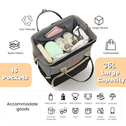 ROSEGIN Diaper Bag Backpack with Changing Pad, Pacifier Case, Baby Bag for Boy Girl Toddler - Large, Stylish, Waterproof Travel Quilted Diaper Bag for Mom - Baby Shower - Black Grey - color: Black/Gray