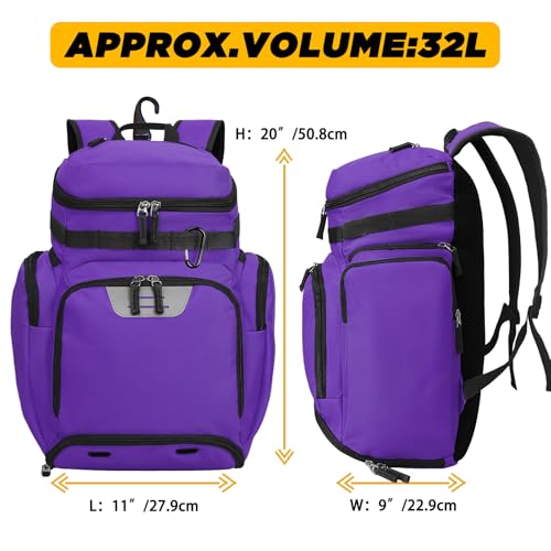 Goloni Basketball Backpack,Large Sports Bag with Ball Compartment & Shoe Compartment, Best for Basketball, Soccer - color: Purple