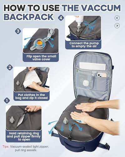 Vacuum Seal Travel Backpack with Air Pump,Compression Vacpack Waterproof Carry On Backpack for Travel Women Men with Vacuum System,Airlines Approved Daypack Laptop Space Saver Bags,DarkBlue - color: B9-darkblue(with Air Pump)