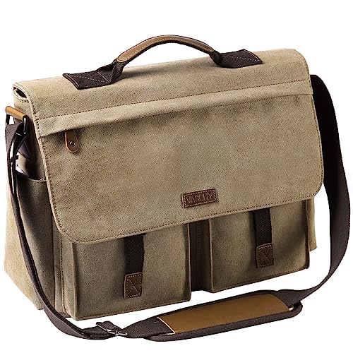 Messenger Bag for Men,VASCHY Vintage Water Resistant Canvas Satchel 14 15.6 17inch Laptop Briefcase - color: 15.6inch-camel