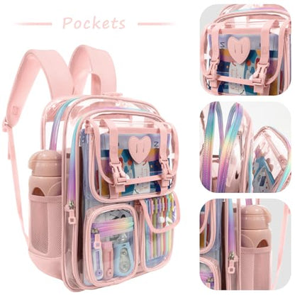 Clear Backpack for Girls Women Heavy Duty Transparent Bookbag School Backpack with Mesh Pockets Stadium Approved See Through Backpack (Pink) - color: Pink