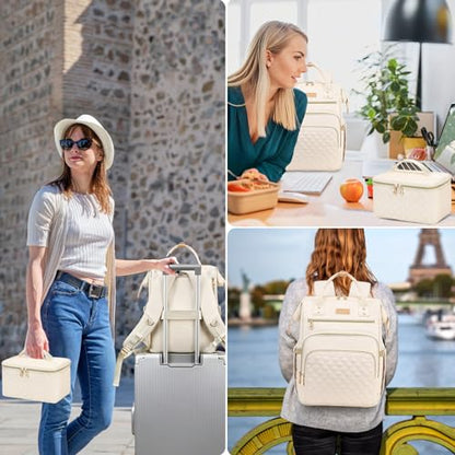 AIJIEKE Lunch Backpack for Women, 15.6 Inch Laptop Backpack with Detachable Insulated Cooler Lunch Box, 2-in-1 Water Resistant Work Computer Bag for Nurse Teacher College Commute, Beige - color: Beige