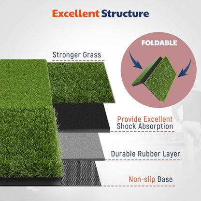 JAYA Golf Hitting Mat with Heavy Rubber Base, Foldable Golf Practice Mat for Indoor & Outdoor Training, Dual Turf Fairway & Rough Grass Mat for Swing, Chipping and Driving Practice - size: 2' x 2' (L x W)