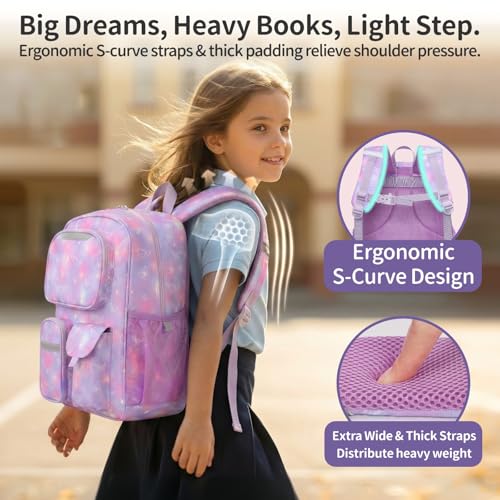 Kids Backpack for Girls - 17 Inch School Bookbag for Grades 3-5 | Elementary Girls Backpack Ages 8-10, Fits Binder Laptop, Reflective Strips, Chest Straps, Comfort Padded S-Straps, Purple - color: Dreamy Purple