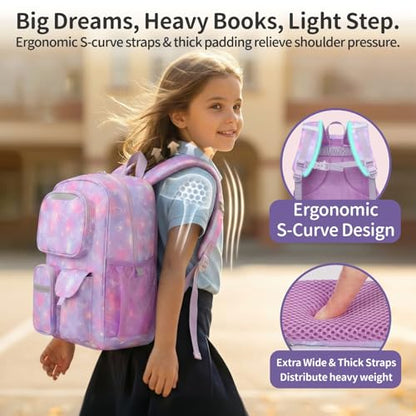Kids Backpack for Girls - 17 Inch School Bookbag for Grades 3-5 | Elementary Girls Backpack Ages 8-10, Fits Binder Laptop, Reflective Strips, Chest Straps, Comfort Padded S-Straps, Purple - color: Dreamy Purple