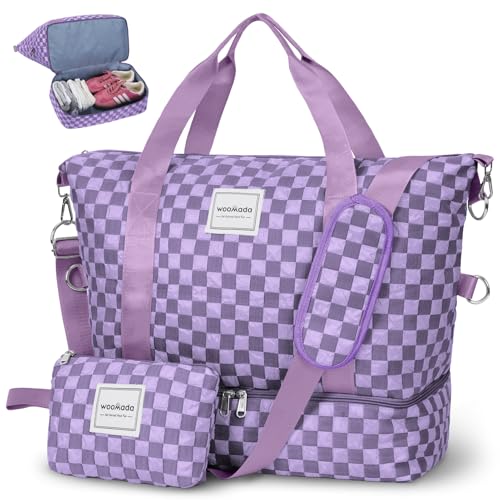 WOOMADA Weekender Bag for Women, Travel Duffel Bags with Shoe Compartment & Wet Pocket, Personal Item Bag for Airlines - color: Lavender Checkerboard