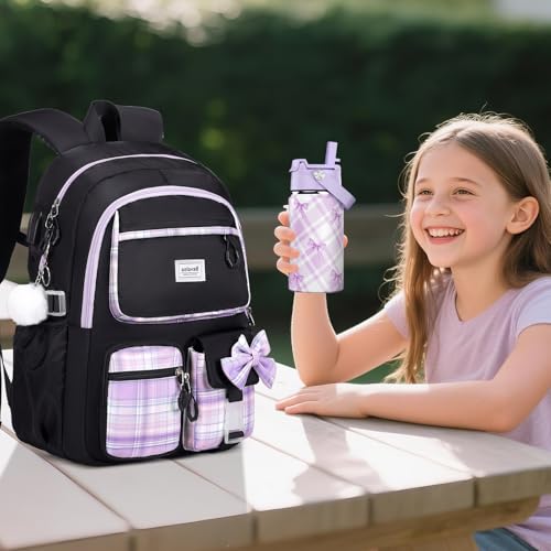 Bevalsa Backpack for Girls, Bow Bookpack with 14oz Insulated Water Bottle, Lunch Bag & Pen Case, Schoolbag for Kids & BPA-FREE Stainless Steel Metal Cup for Elementary Middle Student (Black Purple) - color: Black Purple