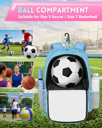 MATEIN Girls Soccer Backpack, Large Basketball Bag with Ball Holder & Shoe Compartment for Tournament & Game Day, Lightweight Youth Sports Bag with Fence Hook Fits 15.6 Inch Laptop, Soccer Team Gifts - color: Sky Blue