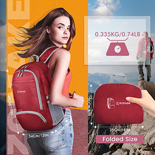ZOMAKE Lightweight Packable Backpack 30L, Foldable Travel Hiking Daypack - color: C-red