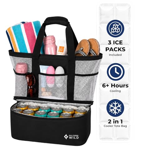Beach Bag with Cooler Compartment Plus 3 Ice Packs – Keeps Drinks Cold for 6+ Hours – Insulated Beach Tote and Cooler Combo – Stay Organized with Two Bags in One- Perfect for Poolside and Picnics - color: Black and White