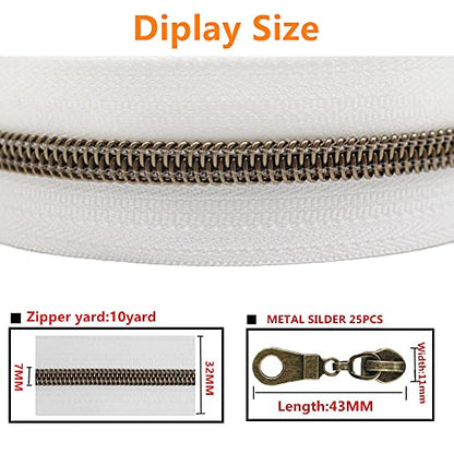 MebuZip #5 Antique Brass Metallic Nylon Coil Zippers by The Yard Bulk Coil Zipper Roll 10 Yards with 25pcs Pulls for DIY Sewing Craft Bags (White) - color: Antique Brass White