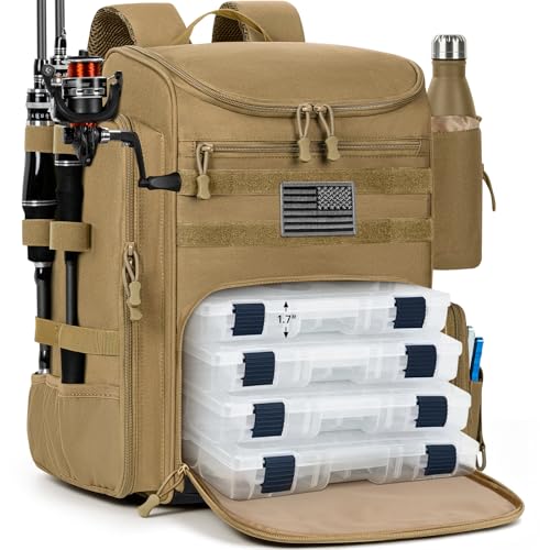 40L Fishing Backpack Water Resistant Fishing Tackle Bag with 2 Rod Holders, Tackle Storage Bag for Anglers(Khaki,Bag Only) - color: Khaki