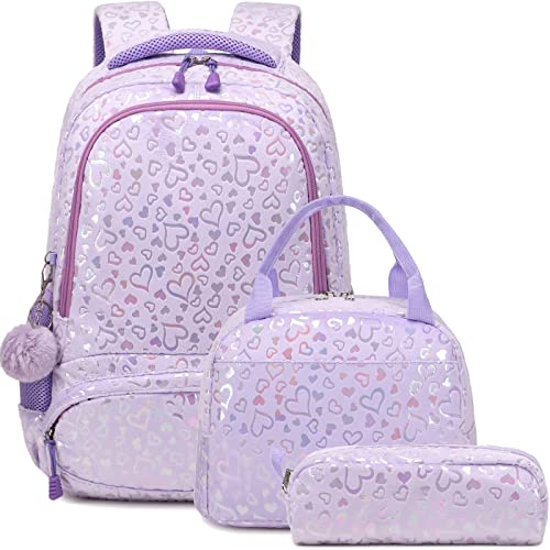 Girls Backpack for Elementary Kids School Bookbag Set Cute Unicorn Backpacks for Girls Water Resistant - color: Furry Purple