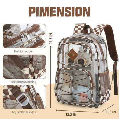 Clear Backpacks for Girls Women, Heavy Duty PVC Transparent Back Pack See Through Boys Kids Clear Bookbags for School Checkered Coffee - color: Checkered Coffee