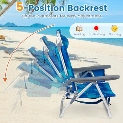 COSTWAY Portable Folding Backpack Beach Chairs Set of 2 with 5-Position Backrest, Padded Headrest, Cup Holder & Ice Bag for Lawn, Poolside (Coconut Blue) - color: Coconut Blue