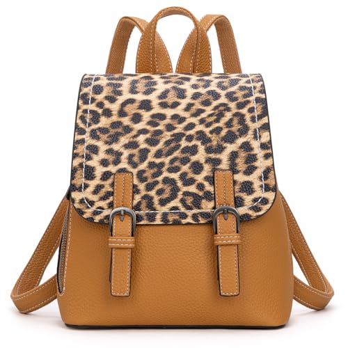 Montana West Brown Leopard Print Small Womens Backpack Purse Vegan Leather Colorblock Mini Backpack for Women Cute Convertible Shoulder Bag - color: Brown Leopard Print