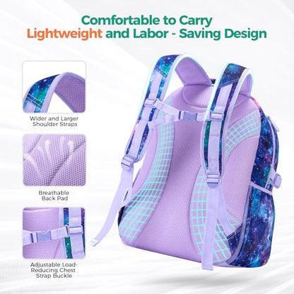 Choco Mocha Kids Backpack for Girls Galaxy Backpack Kids Elementary School Backpack for Girls Ages 6-8 Kid Bookbag 17 Inch with Chest Strap, Purple - color: Purple-galaxy