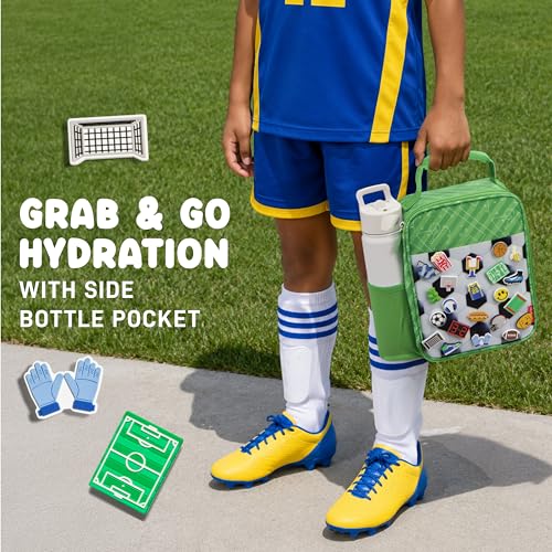 Fit & Fresh Customizable Charm Lunch Bag for Boys & Girls, Soccer Kids Lunch Box with 6 Sports Charms, Premium Insulated Reusable Lunch Tote for School - color: Pitch Break Soccer