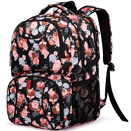 HILUSEN Lunch Backpack for Women, Insulated Cooler Lunch Box, Extra Large Work Backpack with USB Charging Port, Water Resistant 17 inch Travel Laptop Backpack - color: Black Pink