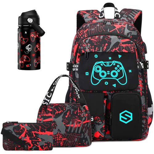 Scothen Boys Backpack, Cool Luminous Gamer School Backpacks for Boys with 14oz Insulated Water Bottle Lunch Bag Pencil Case, Kids Backpack Book Bags for Kindergarten Elementary Middle School - color: Red