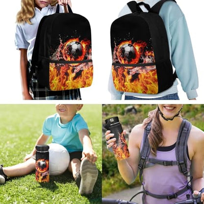 ZOUTAIRONG School Bags for Boys 7-10/10-12/12-16, Flaming Water Soccer Ball Design Insulated Water Bottle for Hot & Cold Drinks, Casual Cute Backpack with Side Pockets - color: Flaming Water Soccer Ball Design