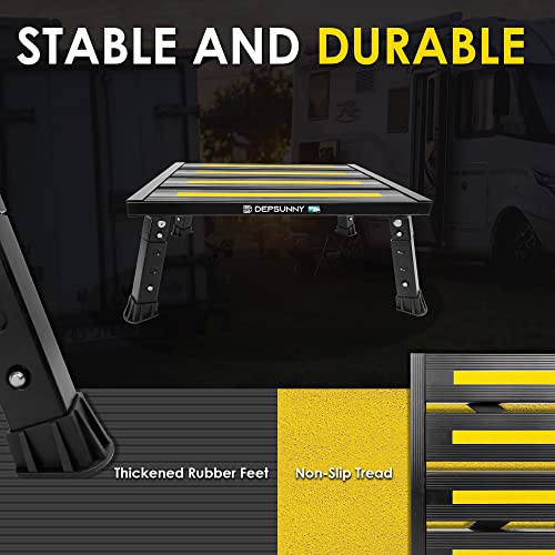 Adjustable Height Aluminum RV Step, Stable Foldable Platform Step Stool, Supports Up to 1,000 lb, Non-Slip Rubber Feet and Platform Mat, Easy to Carry (Black) - color: Black