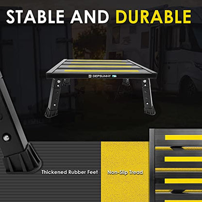 Adjustable Height Aluminum RV Step, Stable Foldable Platform Step Stool, Supports Up to 1,000 lb, Non-Slip Rubber Feet and Platform Mat, Easy to Carry (Black) - color: Black