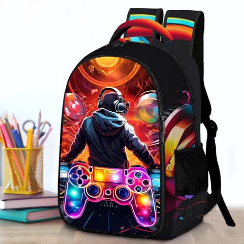 Boys Backpack with Lunch Box and Pencil Case, 3Pcs Gamer Backpack for Boys Teens, 17 Inch Large Capacity - color: GAME-YLWJ-7