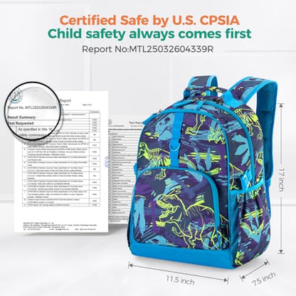 Choco Mocha Dinosaur Backpack for Kids Boys, Elementary School Backpack for Boys Ages 6-8 Kids Bookbag 17 Inch with Chest Strap, Blue - color: Dinosaur-bright Blue