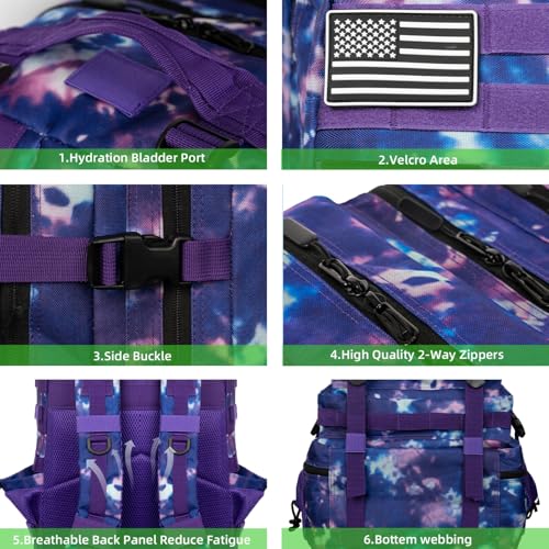 Military Tactical Backpack 55L for Men & Women Bug Out Bag Assault pack Molle Daypack Hiking Trekking Rucksack (Purple tie dye) - color: Purple Tie Dye