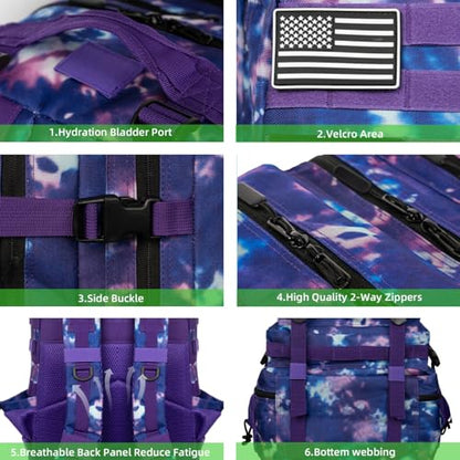 Military Tactical Backpack 55L for Men & Women Bug Out Bag Assault pack Molle Daypack Hiking Trekking Rucksack (Purple tie dye) - color: Purple Tie Dye