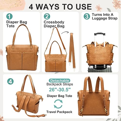 MOMINSIDE Diaper Bag Tote, Leather Diaper Bag Backpack with 13 Pockets for Mom Dad, Convertible Baby Bag for Boys Girls, Hospital Bag Baby Registry, Changing Pad, Large 4 Insulated Pockets (Biscuit) - color: Biscuit