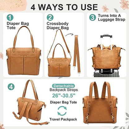 MOMINSIDE Diaper Bag Tote, Leather Diaper Bag Backpack with 13 Pockets for Mom Dad, Convertible Baby Bag for Boys Girls, Hospital Bag Baby Registry, Changing Pad, Large 4 Insulated Pockets (Biscuit) - color: Biscuit