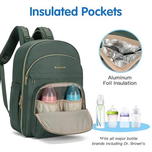 KABAQOO Baby Diaper Bag Backpack, Waterproof Diaper Backpack for Mom & Dad with Changing Pad, Insulated Pockets and Stroller Straps, Baby Shower Gifts for Girls & Boys, Sage - color: Sage