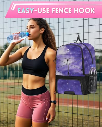 MATEIN Girls Soccer Backpack with Ball Holder, Shoe Compartment, Fence Hook - color: Galaxy Purple