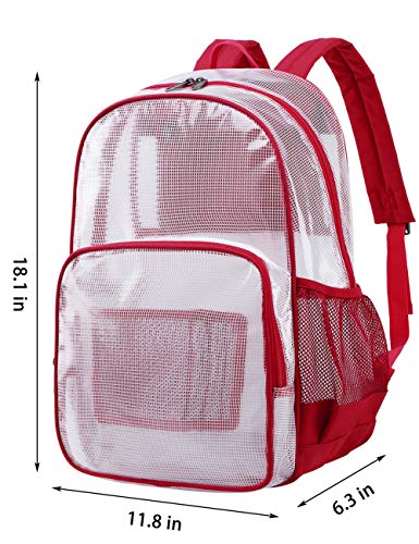 mygreen Heavy Duty Clear Backpack Durable Multi-Pockets See Through Student School Bookbag Waterproof Transparent Beach Girls Travel Bag (Red, Large) - color: Red
