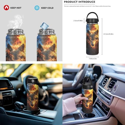 ZOUTAIRONG Flaming Wolf Print Backpack and Small Water Bottle, Large Capacity School Bags Lightweight Bookbag with Side Pockets for Small Thermos - color: Flaming Wolf