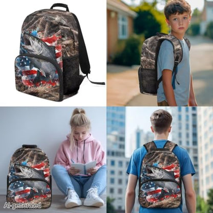3PCS Kids School Backpack for Boys Girls, Branches American Flag Fish 3 in 1 Schoolbag Set Student Teens School Bag 17 Inch Bookbag with Lunch Bag Pencil Case - color: Branches American Flag Fish