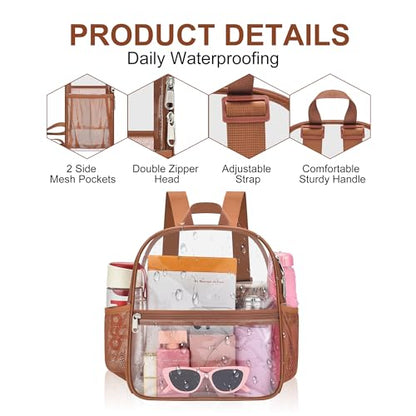 Oraben Clear Backpack Stadium Approved, 12 x 6 x 11 in, Small Transparent Backpack for Concerts, Sports Events, Festivals, Travel, Waterproof PVC, Adjustable Straps, Women Men - color: Coffee Brown, style: Nylon Shoulder Straps