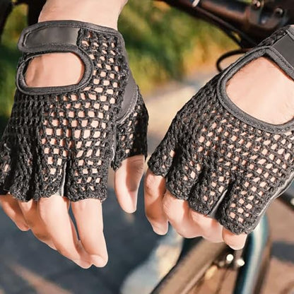 Leather Padded Crochet Back Breathable Fingerless Weight Lifting, Cycling Workout Gloves, Black (Medium)