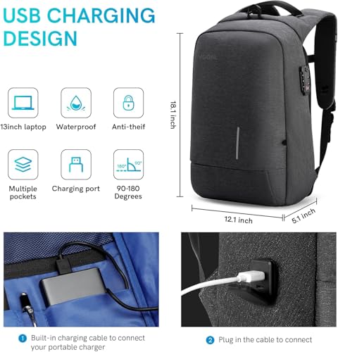 VGOAL Laptop Backpack 15.6 inch with TSA Lock and USB Charging Flight Approved Carry on Business Backpack Anti Theft Traveling Bag for Men and Women - color: Fg6303-15