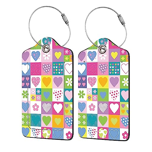 2 Pack Luggage Tags for Suitcases,Lovely Hearts and Flowers Luggage Tag,PU Leather Id Label Luggage Tags with Stainless Steel Loop and Privacy Cover for Women Men Teens Travel - color: Lovely Hearts and Flowers