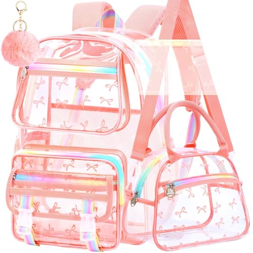 KLFVB 3PCS Clear Bookbag for Girls Heavy Duty, See Through School Backpack Set, Cute Transparent Bag for Women - Bow Pink - color: Bow Pink Clear Backpack
