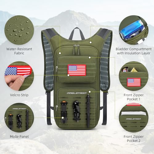 Maelstrom Tactical Hydration Backpack,Water Pack with 2L Water Bladder | BPA-free,MOLLE Compatibility,lightweight,insulated layer, Breathable back panel and shoulder,for running/hunting/cycling - color: Army Green