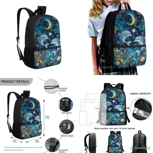 Moon Dolphin Backpack for Girls Kids Backpack with Lunch Box Pencil Pouch and Water Bottle Holder 4 in 1 Cute Backpacks for Girls 17 Inch Lightweight School Bag with Front Pocket - color: Moon Dolphin
