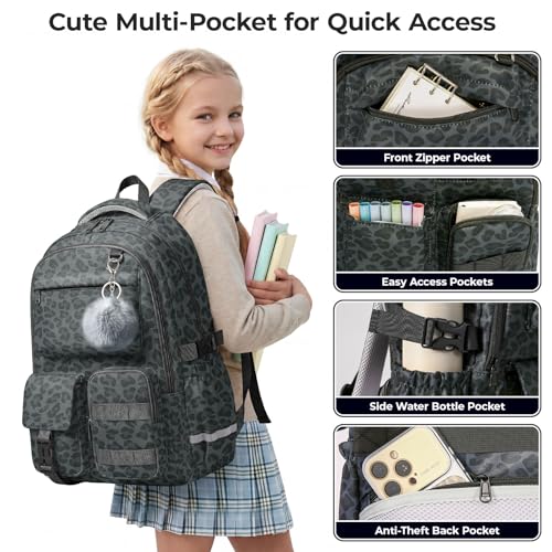 WOBAGMEN Cute Leopard Backpack for Teen Girls, Large Capacity Multi-Pocket School Bag Fits 15.6" Laptop, Lightweight Durable Daypack for School and Travel (Black Leopard, M) - color: Black Leopard