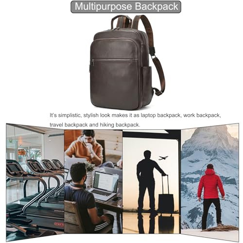 LUUFAN Genuine Leather Shoulder Bag for Men Casual Backpack Slim Daypack 15.6 Inch Laptop Rucksack Business Travel Outdoor Bag, Coffee - color: 8017-coffee